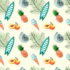 Seamless watercolor pattern. Summer print. Beach background with surfboard, pineapples, seashells, ice cream, peaches and palm branches. Summer holiday background.