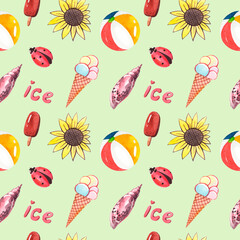 Seamless watercolor pattern. Summer print with seashells, ice cream, sunflowers, ladybirds and bouncy balls. Green background for summer holidays.