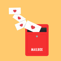 Mailbox vector. Red mailbox on yellow background. Love letter vector.