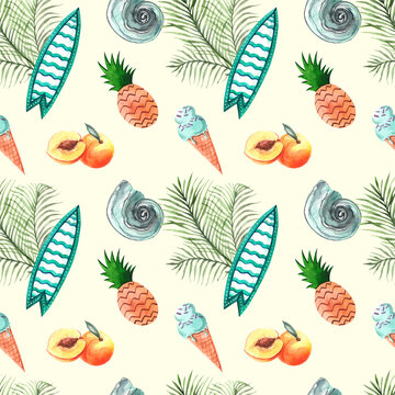 Seamless watercolor pattern. Summer print. Beach background with surfboard, pineapples, seashells, ice cream, peaches and palm branches. Summer holiday background.