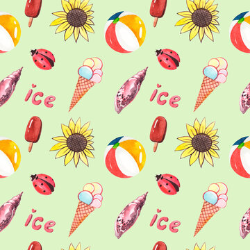 Seamless watercolor pattern. Summer print with seashells, ice cream, sunflowers, ladybirds and bouncy balls. Green background for summer holidays.