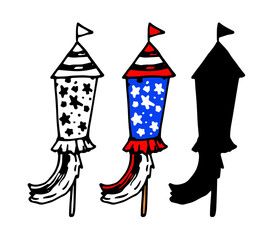 vector fireworks in the shape of a rocket with a flag and ribbons with a pattern of red and white stripes and white stars on a blue background. hand drawn firework set on a stick hand drawn in doodle 