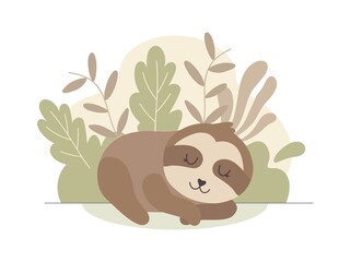 cute cartoon sloth sleeping on lawn. healthy sleep concept. vector colorful animal illustration. 