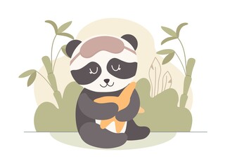 Cute panda character with toy star and sleeping mask. Sleeping animal vector design. Baby bamboo bear.