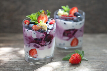 Breakfast. Two glasses of yogurt and berries