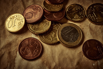 Vintage background with different euro coins on aged paper