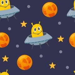 Space seamless pattern with Flying saucer, planets, moon, stars, alien and UFO. Hand drawn Scandinavian style vector illustration isolated on white background.