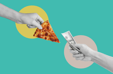 Digital collage modern art. Hand holding slice pizza and hand holding money