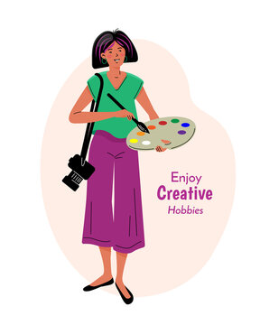 Enjoy Creative Hobbies Poster.  Woman Holds The Pallet And Camera. Color Vector Illustration In Flat Style With Line.