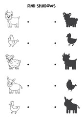 Find the correct shadows of black and white farm animals. Logical puzzle for kids.