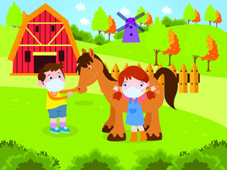 Animal farm vector concept. Two little kids wearing face mask while taking care a horse in the farm