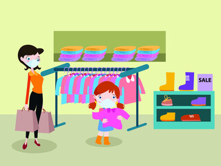 Shopping vector concept. Little girl wearing face mask while shopping clothes with her mother in the mall