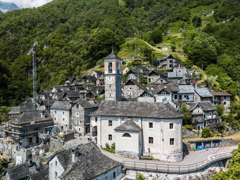 Aerial image with drone of the mountain village Corippo - the smallest commune in Canton Ticino, Switzerland