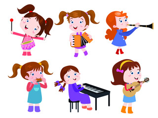 Kids musician vector concept. Group of teenage girls playing various music instrumental together