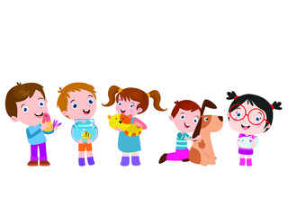 Group of happy kids holding their pets while standing together in the studio. Isolated on white background