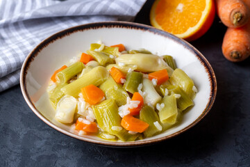 Turkish Cuisine. Leek with Olive Oil (Turkish name; Zeytinyagli Pirasa) Turkish Braised Leeks and Carrots In Olive Oil.