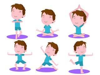 Fototapeta premium Yoga vector concept. Set of little boy characters doing exercise in different yoga poses