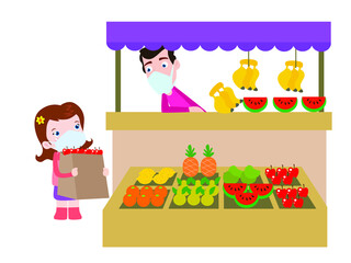 Shopping vector concept. Little girl wearing face mask while buying fresh fruits from vendors grocery stall at market