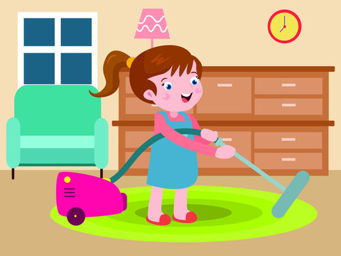 Housekeeping vector concept.Happy little girl cleaning carpet with vacuum cleaner at living room
