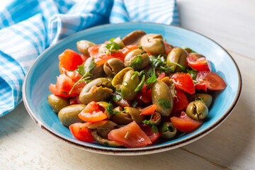 Gourmet flavors from traditional Turkish cuisine; green olive salad. A flavor belonging to the Turkey - Antakya region.