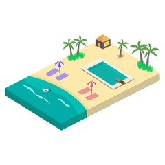 Stylish 2.5D Sandy beach landscape concept vector illustration. Sandy beach vector with swimming pool concept and coconut tree. Seashore 2.5D art with lifebuoy and sunbathe.