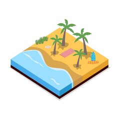 3D Sandy beach landscape concept vector illustration. Sandy beach vector with surfboard concept and coconut tree. Seashore 2.5D art with lifebuoy and sunbath.