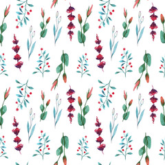 Seamless pattern from flora elements in watercolor style. Pattern in blooming plants, branches with berries on a white background