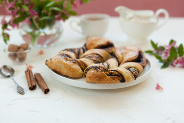 Sweet fragrant braided bun, sweet pastries for tea