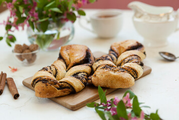 Sweet fragrant braided bun, sweet pastries for tea