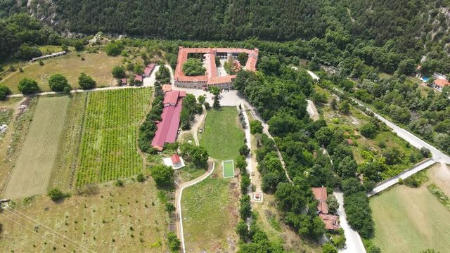 Aerial view of Medieval Bachkovo Monastery Dormition of the Mother of God, Bulgaria