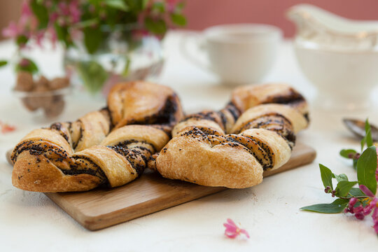 Sweet fragrant braided bun, sweet pastries for tea