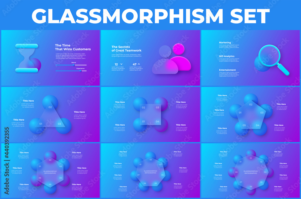 Poster glassmorphism infographics set. 3d geometric shapes with frosted glass effect. illustration on blurr