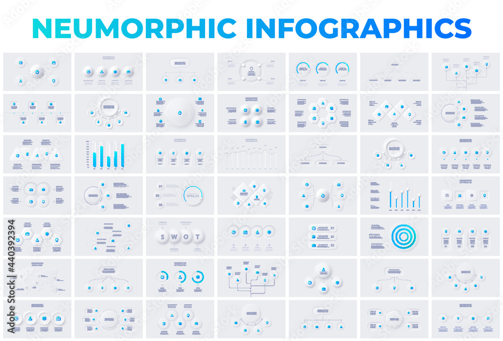 Fototapete Huge bundle of infographic slides in neumorphic style. Business data visualization for presentation. Vector info graphic. Unique neumorphism ui ux design kit