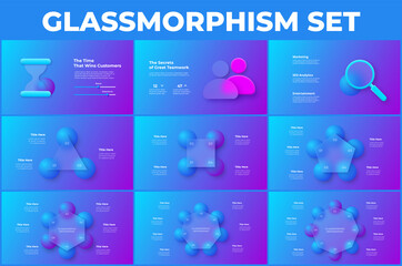 Glassmorphism infographics set. 3d geometric shapes with frosted glass effect. Illustration on blurred purple gradient vector background