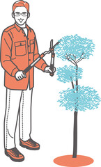 庭木の手入れをする男性　全身