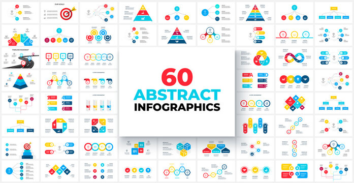 Big bundle with 60 infographics for business presentation. Circles, pyramids, flowcharts, abstract diagrams and timelines