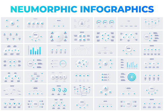Huge bundle of infographic slides in neumorphic style. Business data visualization for presentation. Vector info graphic. Unique neumorphism ui ux design kit