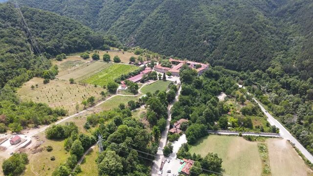 Aerial view of Medieval Bachkovo Monastery Dormition of the Mother of God, Bulgaria