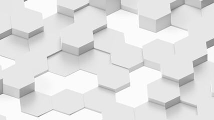 Abstract 3D geometric background, white hexagons shapes stacks, render technology illustration.
