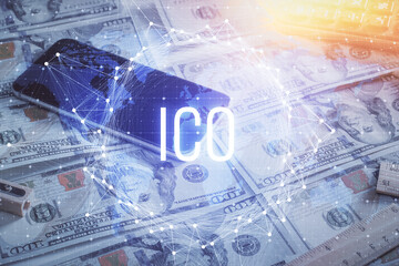 Multi exposure of crypto theme drawing over us dollars bill background. Concept of blockchain success.