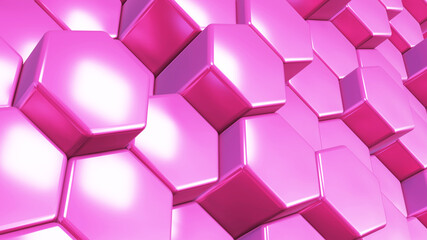 Abstract 3D geometric background, pink hexagons shapes stacks, render technology illustration.