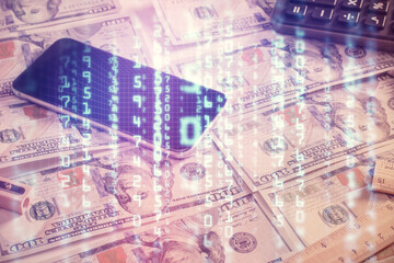 Double exposure of data theme drawing over us dollars bill background. Technology concept.