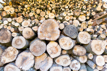Close up to the stack of wooden logs required for winter season to heat the house with chimney or stove.  