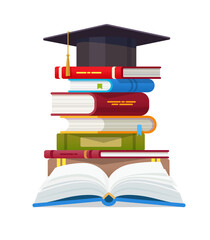 Open book with Graduation cap and stack of books isolated vector illustration. Academic and school knowledge, education and graduation. Reading, encyclopedia. Template for books Shop advertising