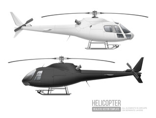 White and Black Helicopter - vector Mockup template isolated on grey. White Eurocopter  mockup for corporate brand identity and advertising on aviation transport. Passenger business transport - obrazy, fototapety, plakaty
