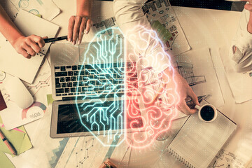 Double exposure of man and woman working together and brain drawing hologram. Intellectual brainstorming concept. Computer background.