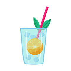Cocktail with ice, orange and straw.