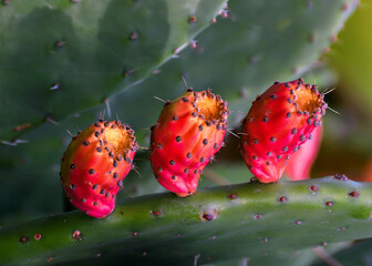 Red cactus fruit on a leaf