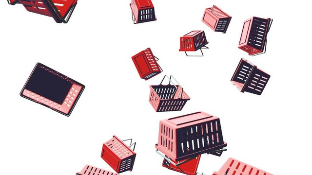 Red plastic shopping baskets on white background.
Toon style abstract animation for background.
Loop able.
