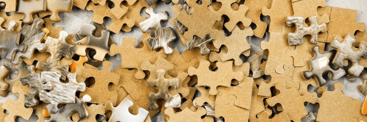 Many pieces of an unfinished puzzle. Panoramic image